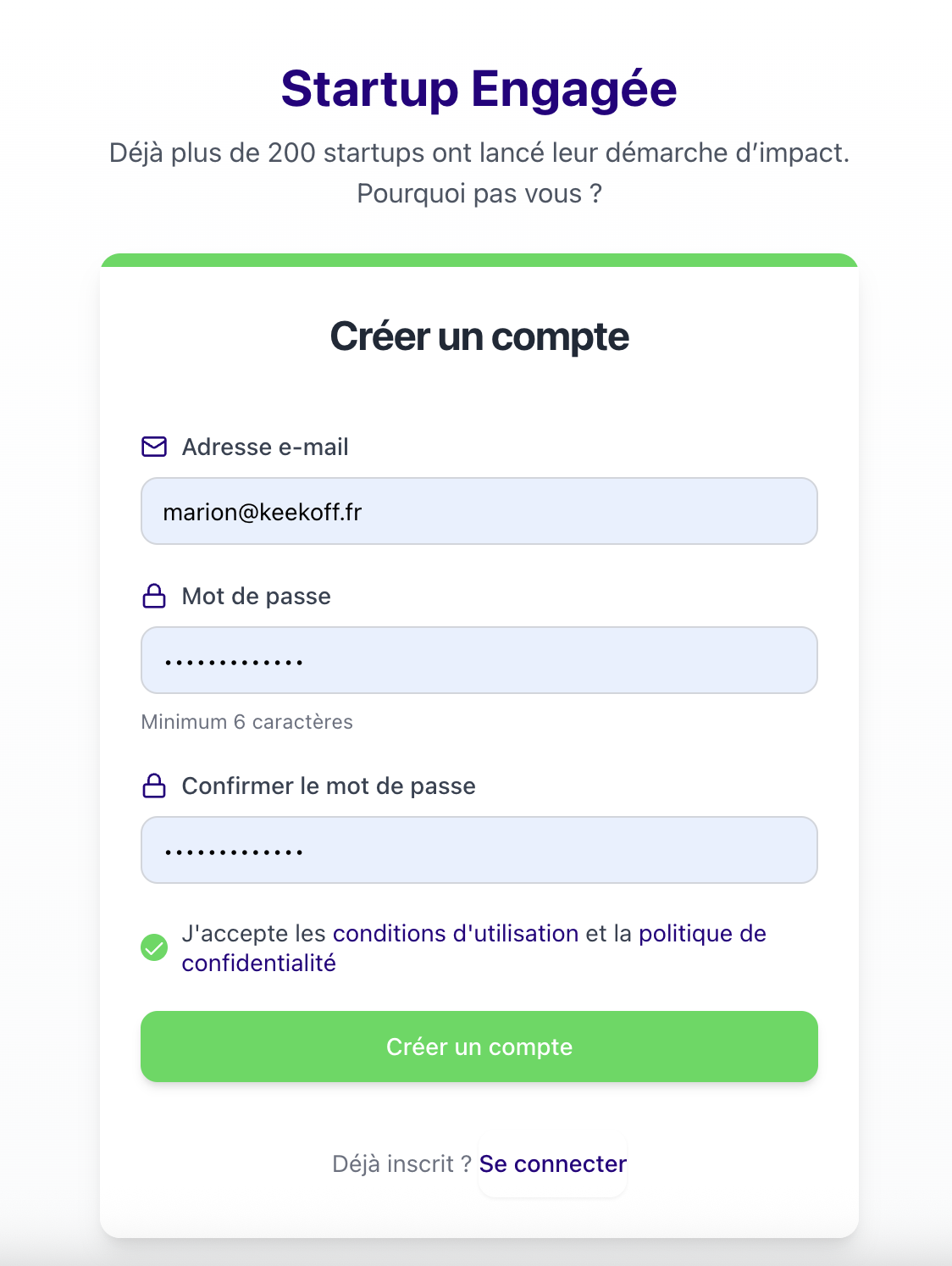 Interface Plateforme Label Startup Engagée